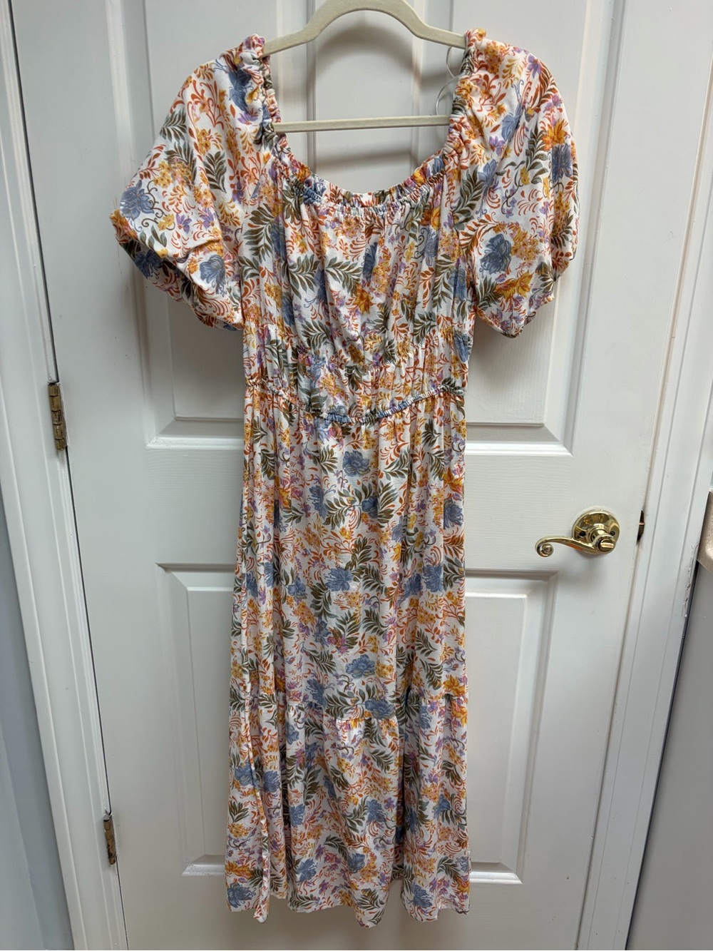 Floral Puff-Sleeve Midi Dress in White with Blue & Mustard Print